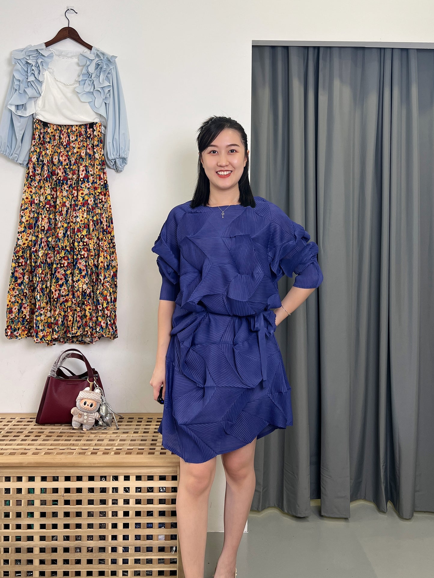 Pleated Diamond Dress with Belt