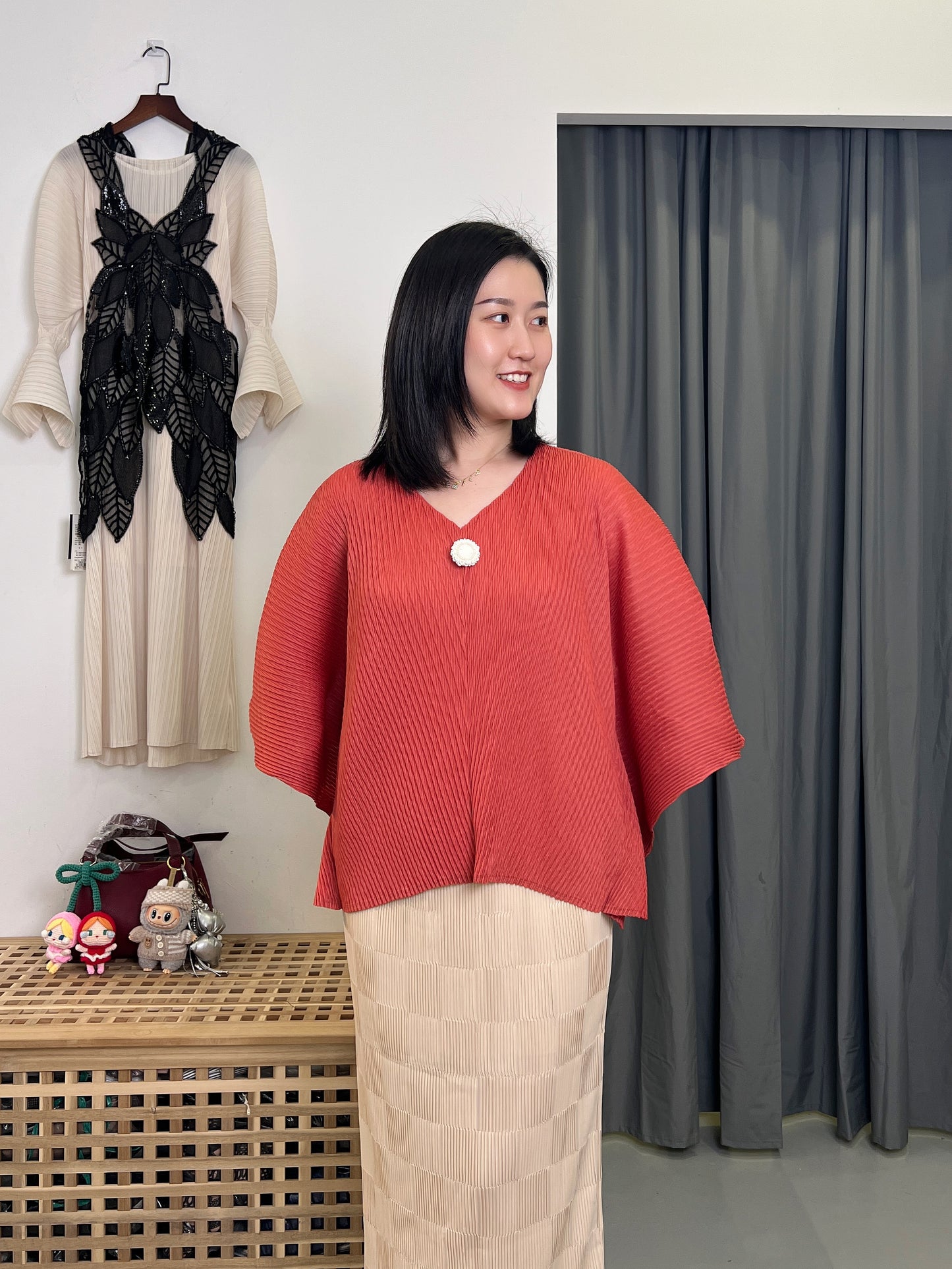 Pleated Flower Pin Blouse