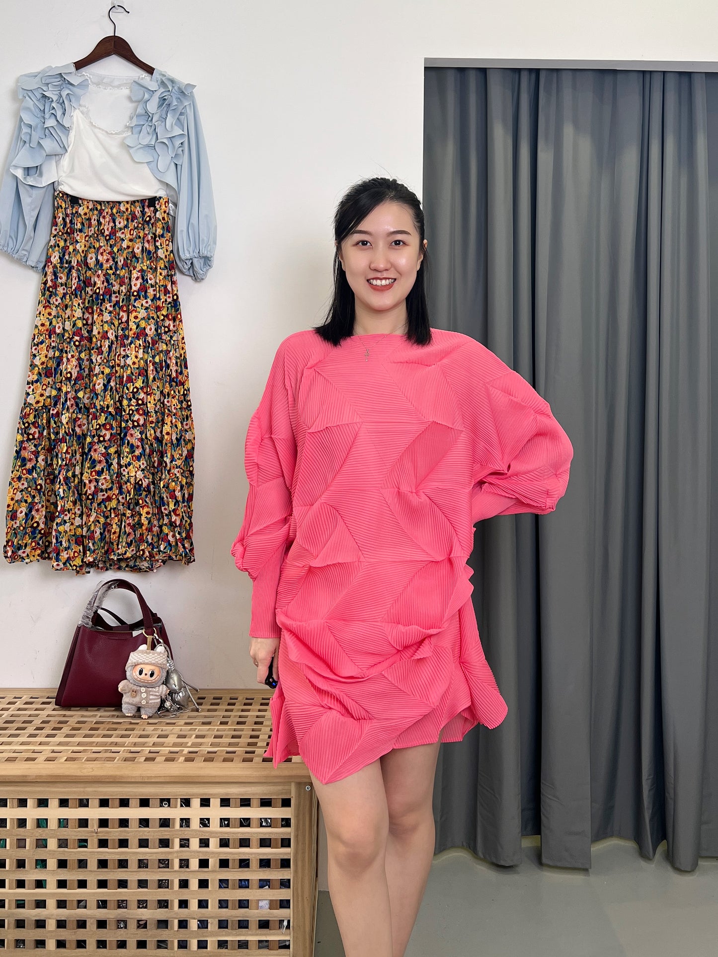 Pleated Diamond Dress with Belt