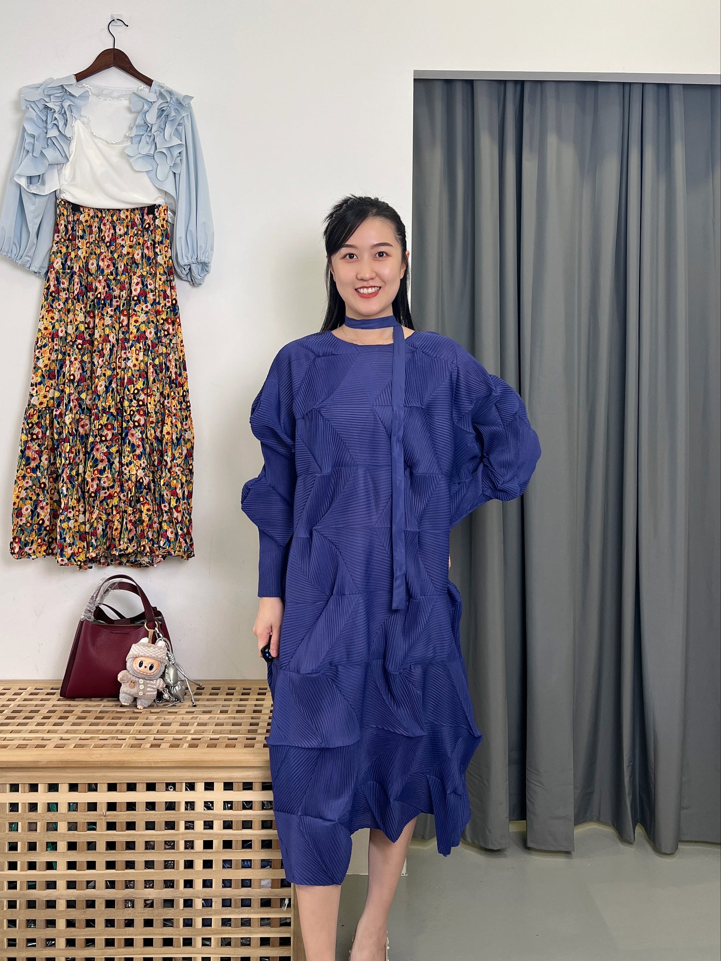 Pleated Diamond Dress with Belt