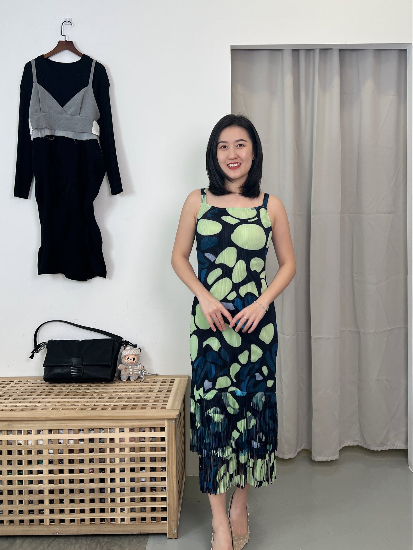 Pleated Art Print Fringes Dress