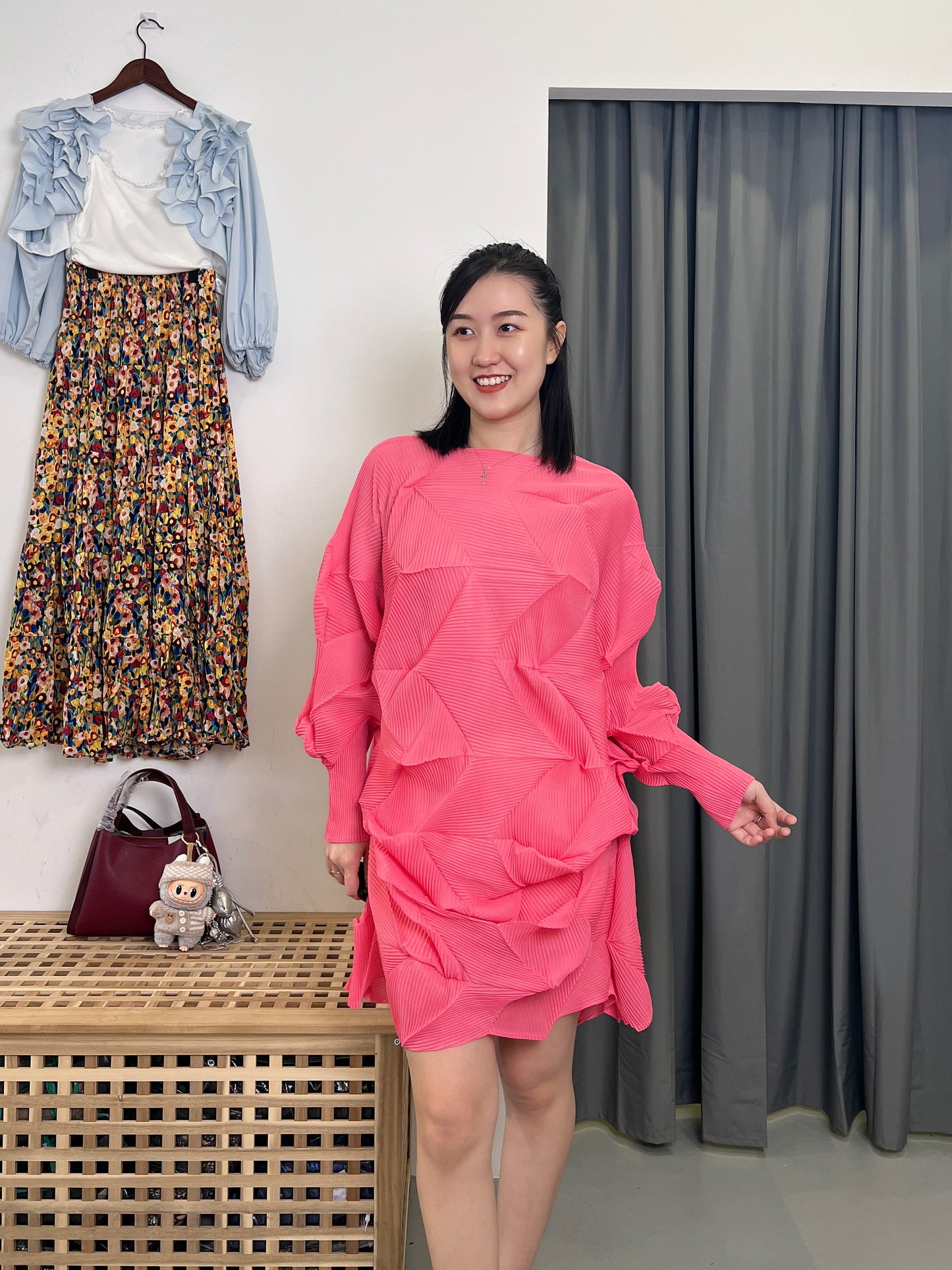 Pleated Diamond Dress with Belt