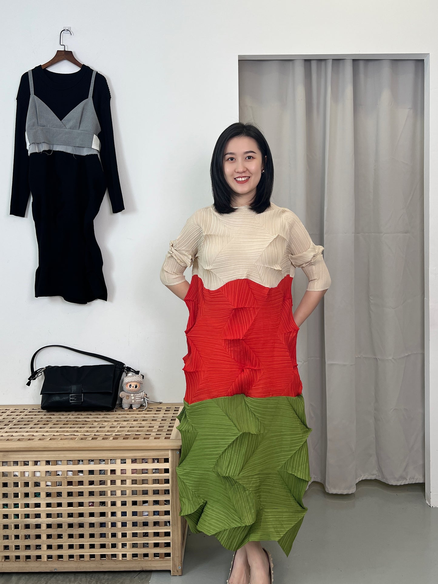 Pleated Diamond 3 Tone Dress