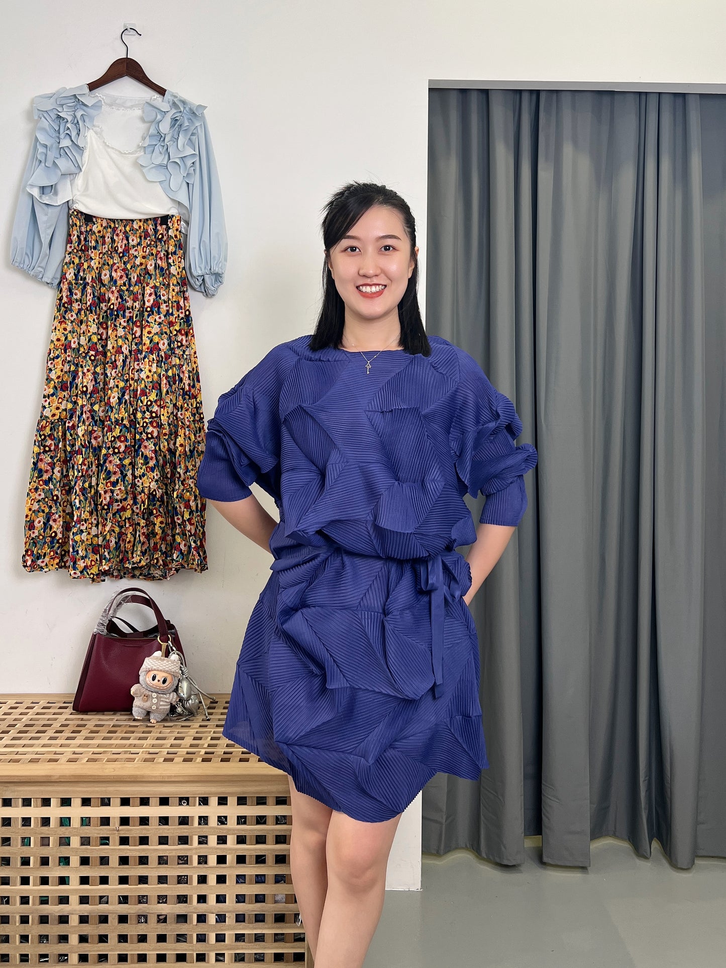 Pleated Diamond Dress with Belt