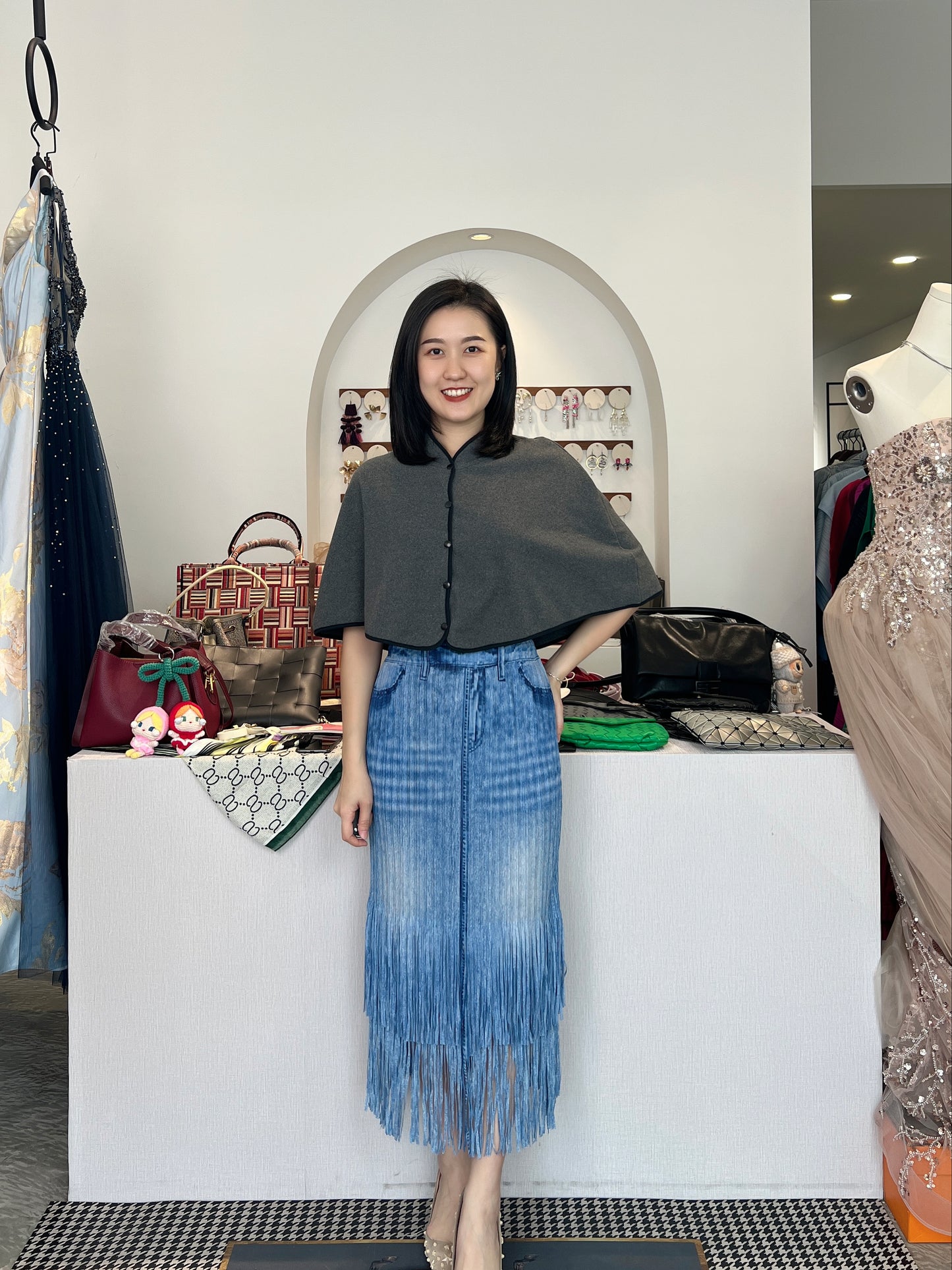 Pleated Double Fringes Jean Skirt