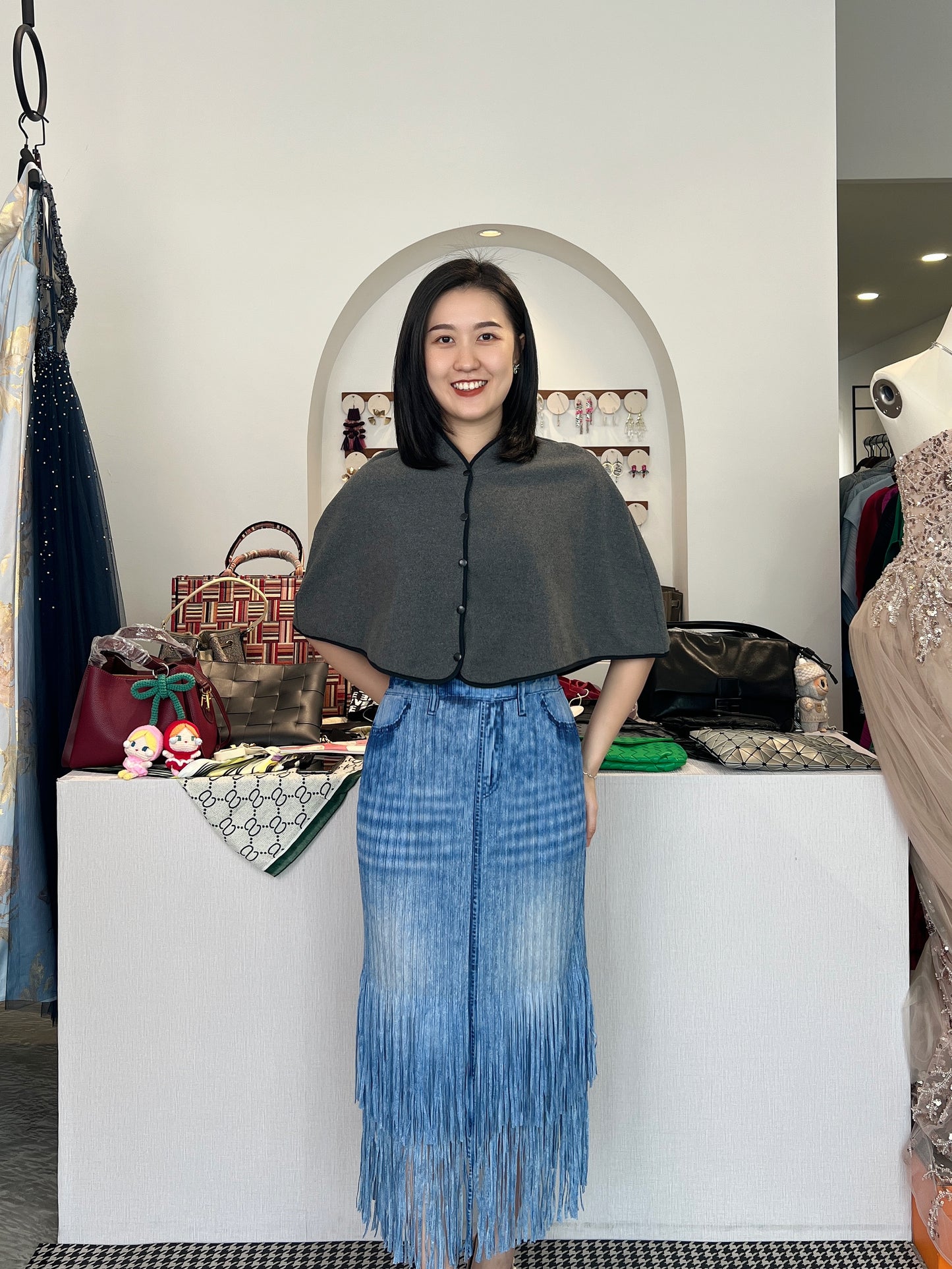 Pleated Double Fringes Jean Skirt