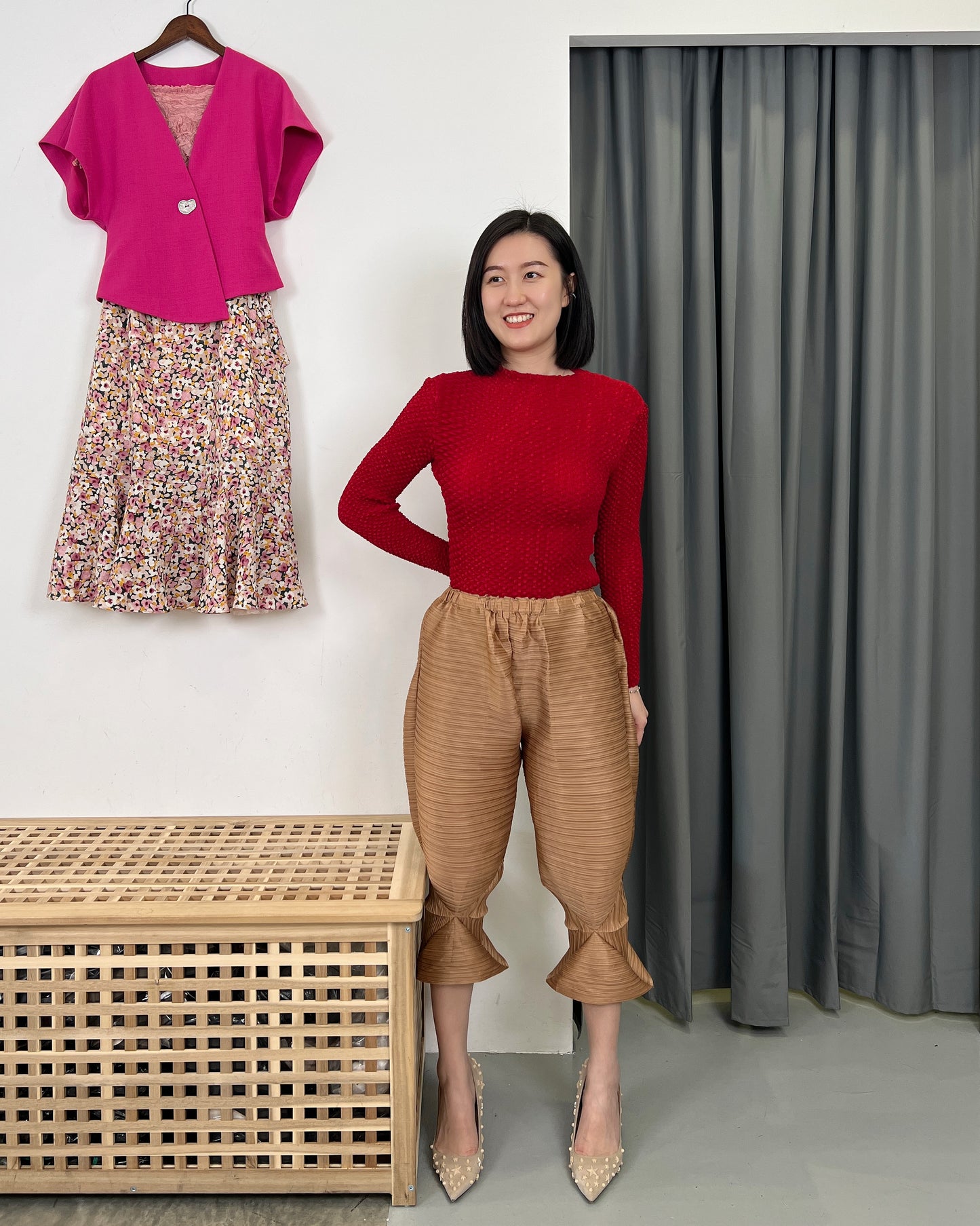Pleated Slimming Long Sleeve Blouse