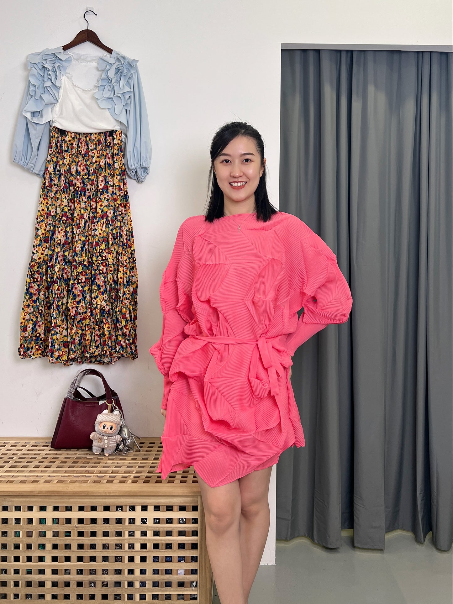 Pleated Diamond Dress with Belt