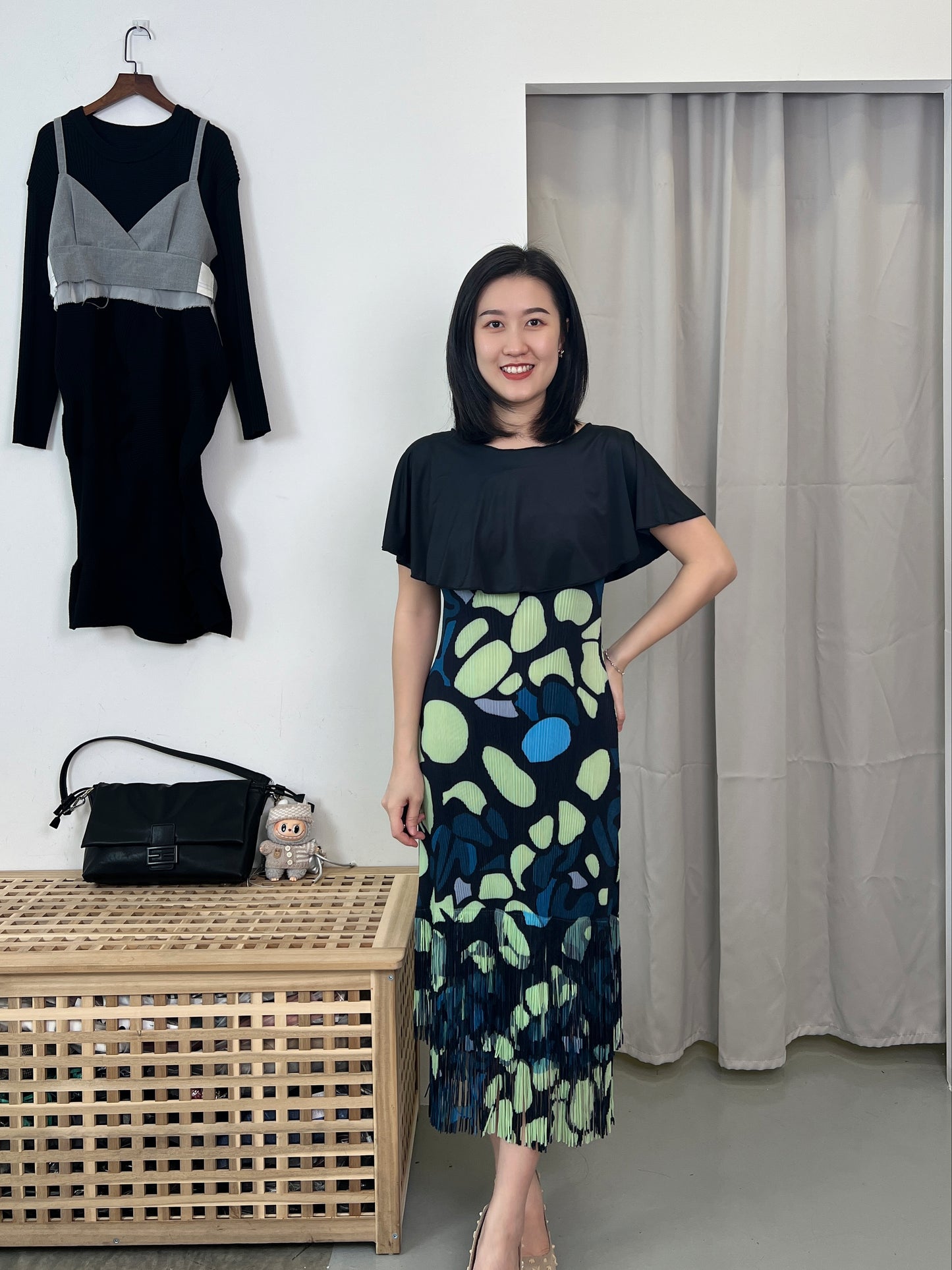 Pleated Art Print Fringes Dress