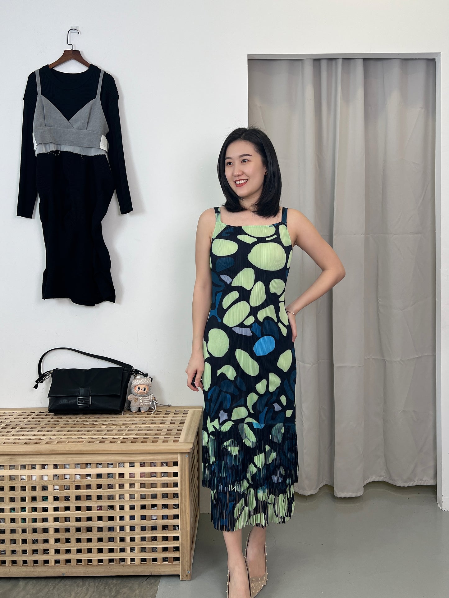 Pleated Art Print Fringes Dress