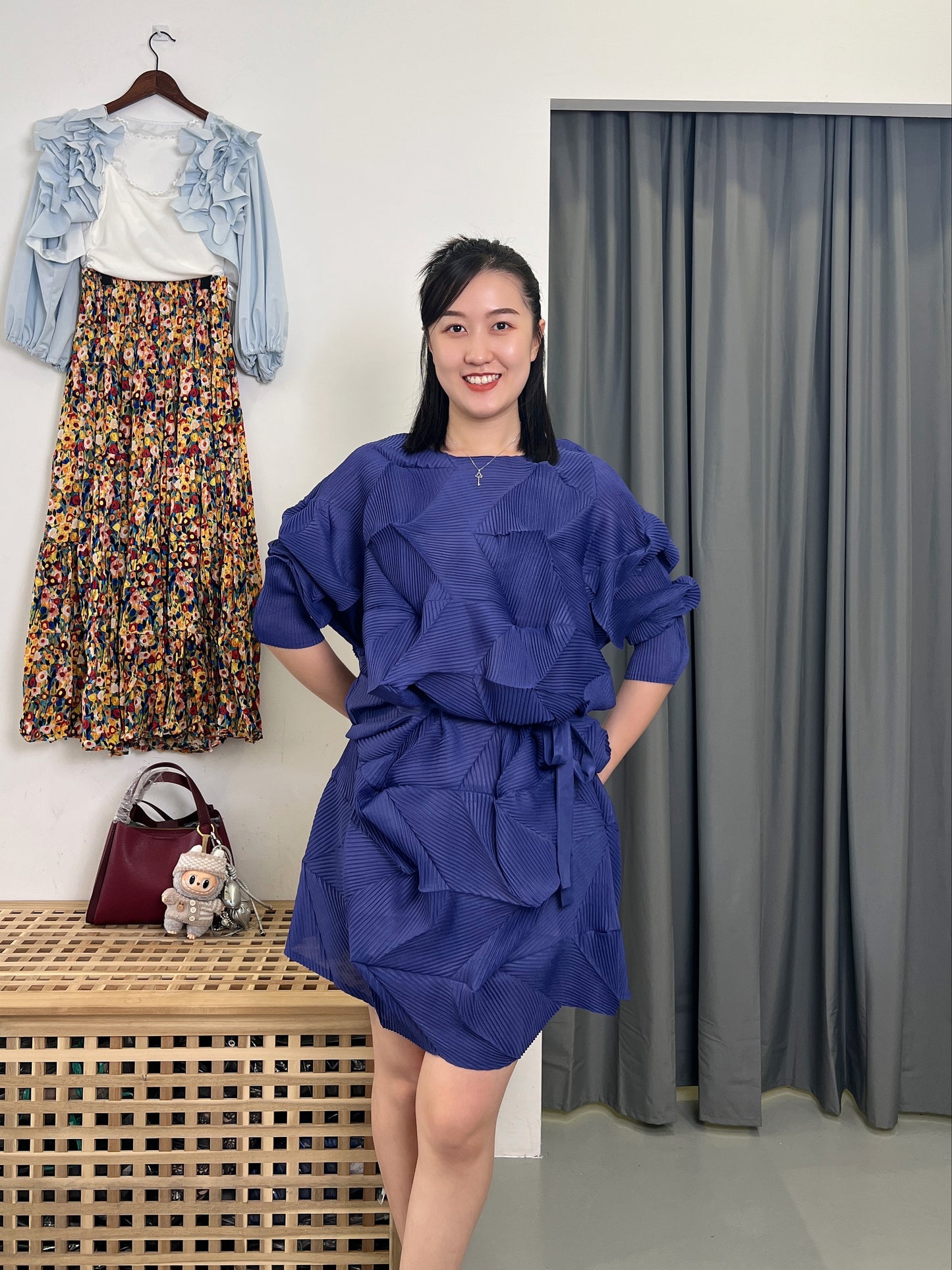 Pleated Diamond Dress with Belt