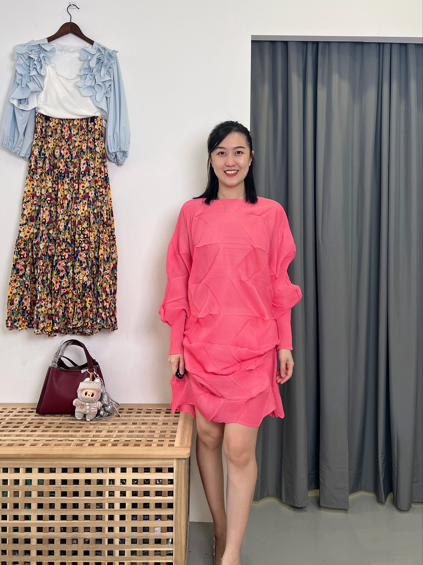 Pleated Diamond Dress with Belt