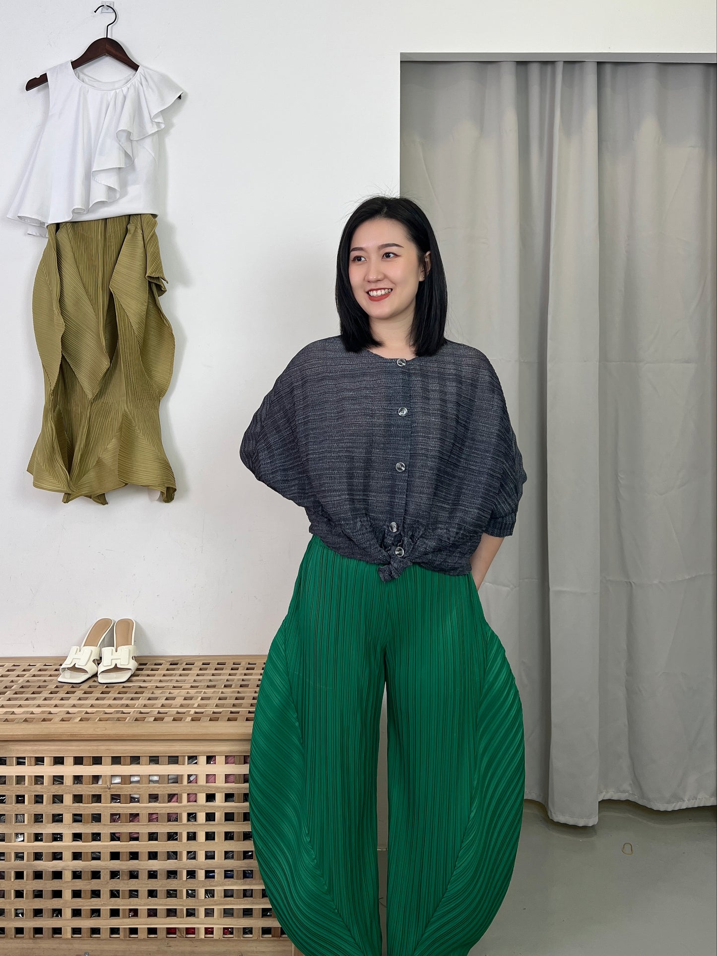 Pleated Double Design Button Blouse