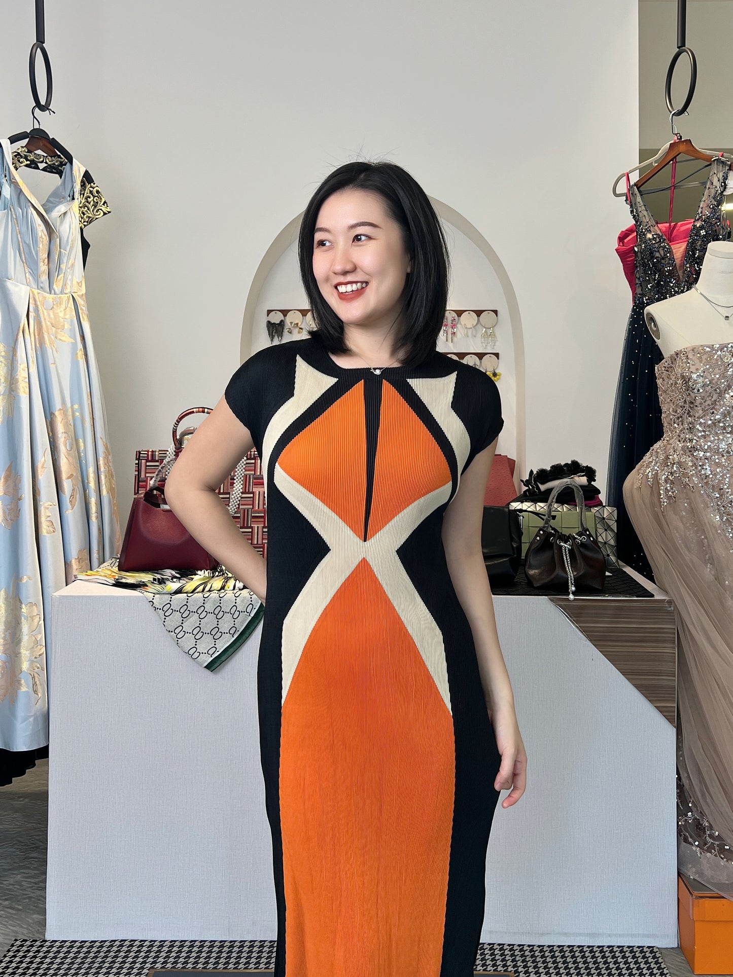 Pleated Cat Print Dress
