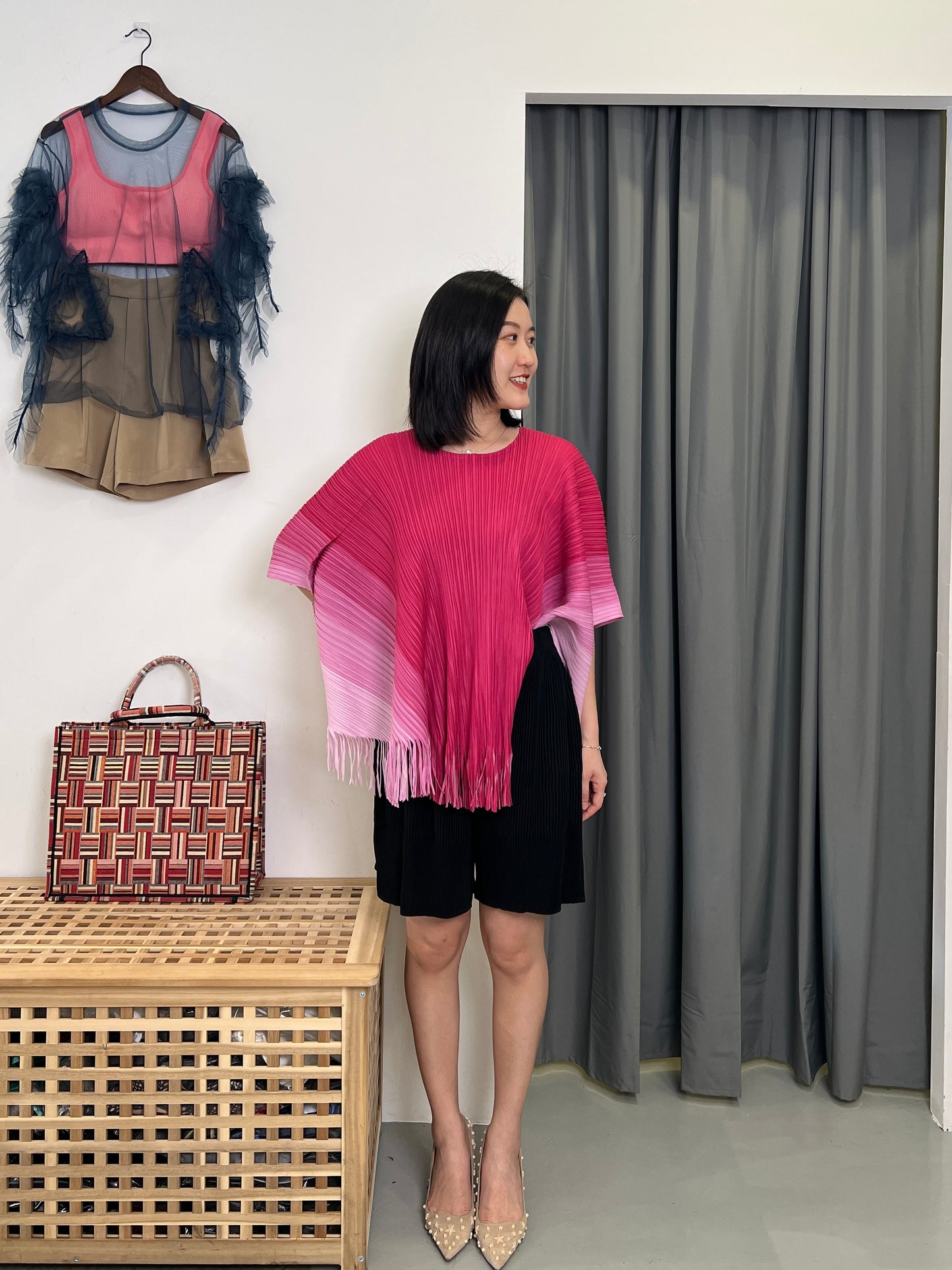 Pleated Fringey Cape Style Blouse
