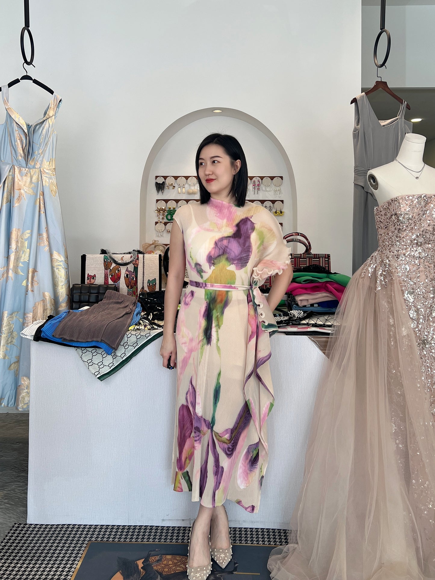 Pleated Floral Painting Dress