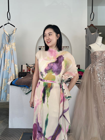 Pleated Floral Painting Dress