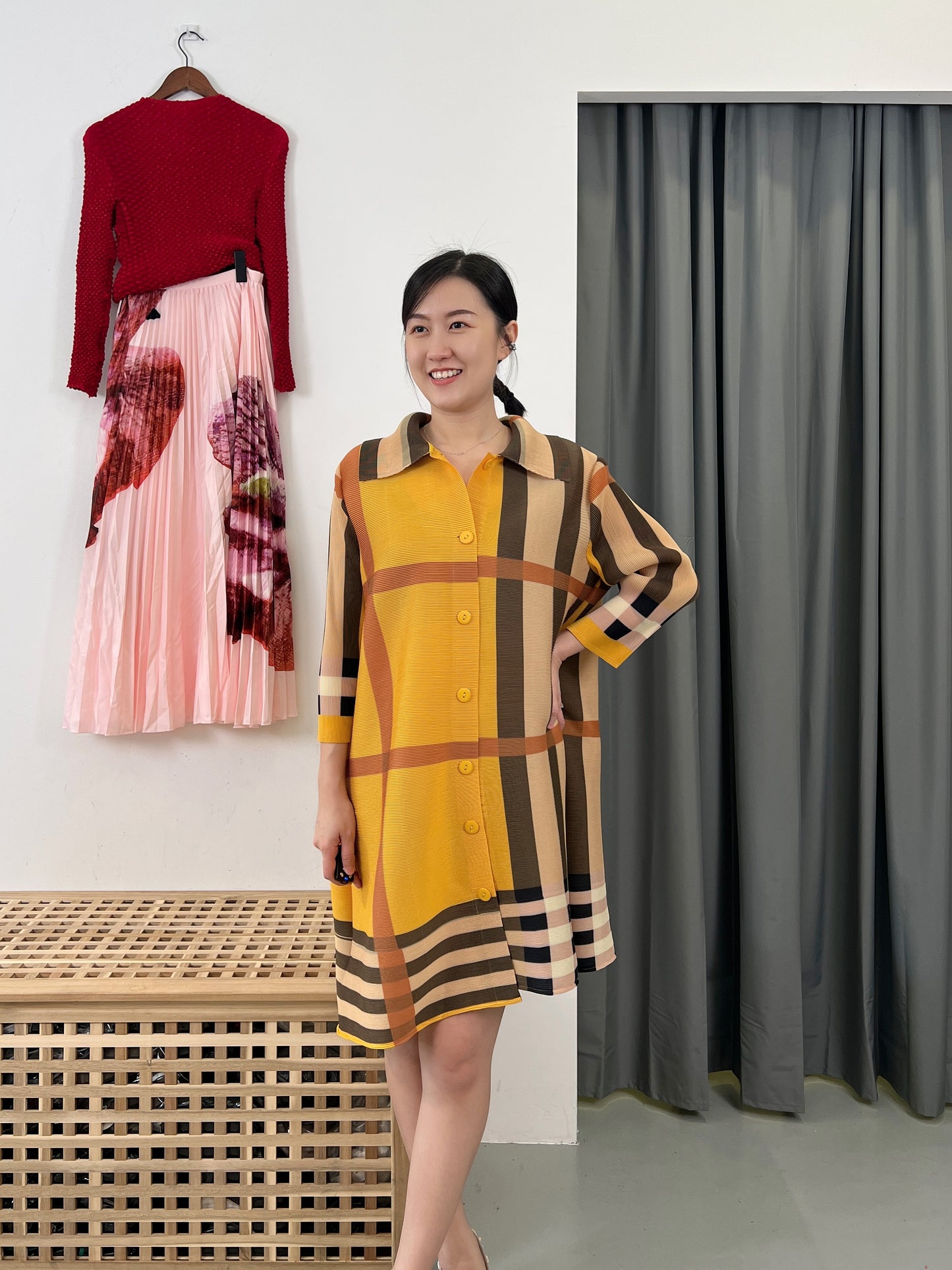 Pleated Checkered Straightcut Dress