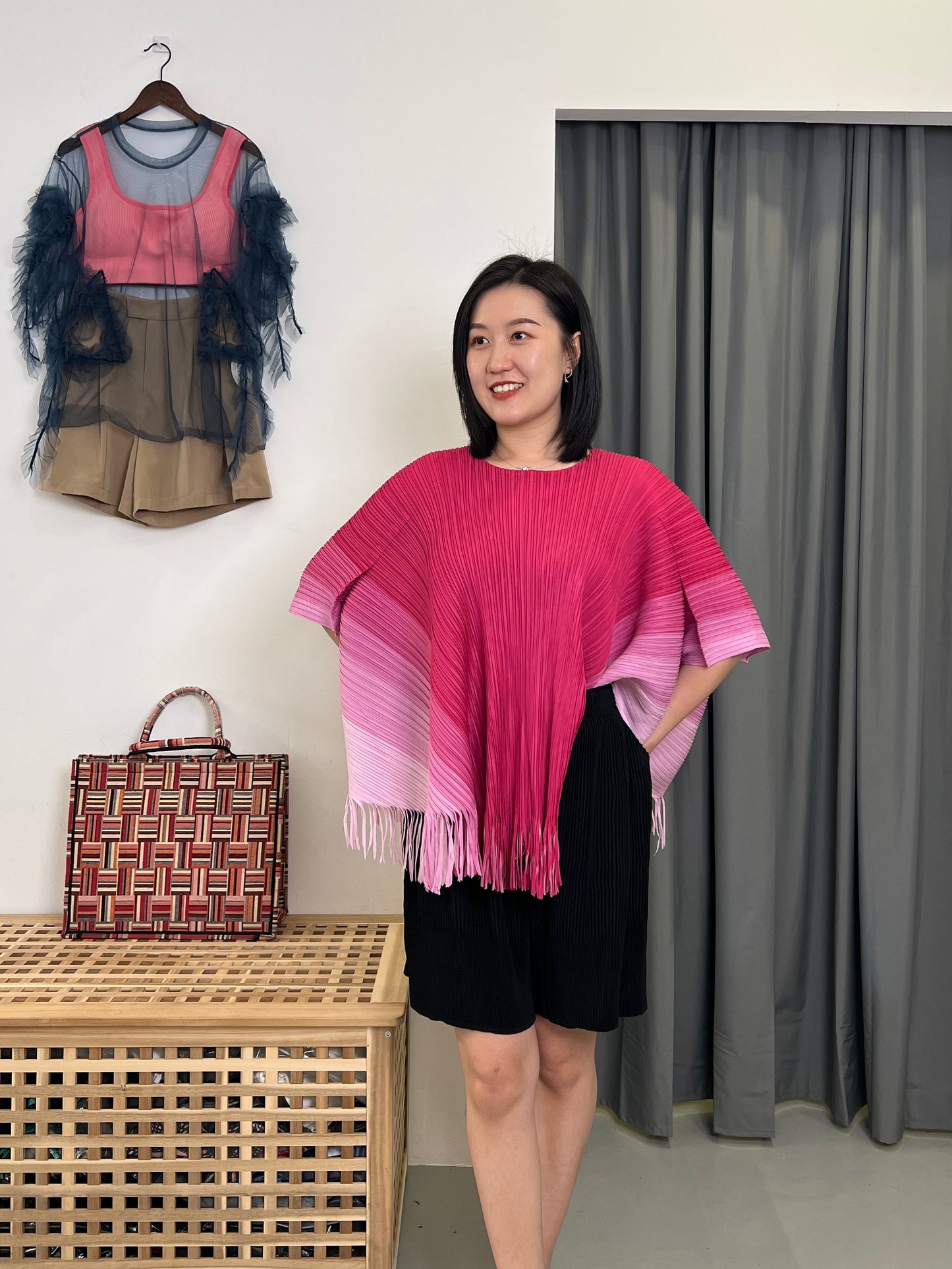 Pleated Fringey Cape Style Blouse