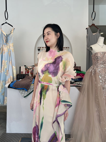 Pleated Floral Painting Dress