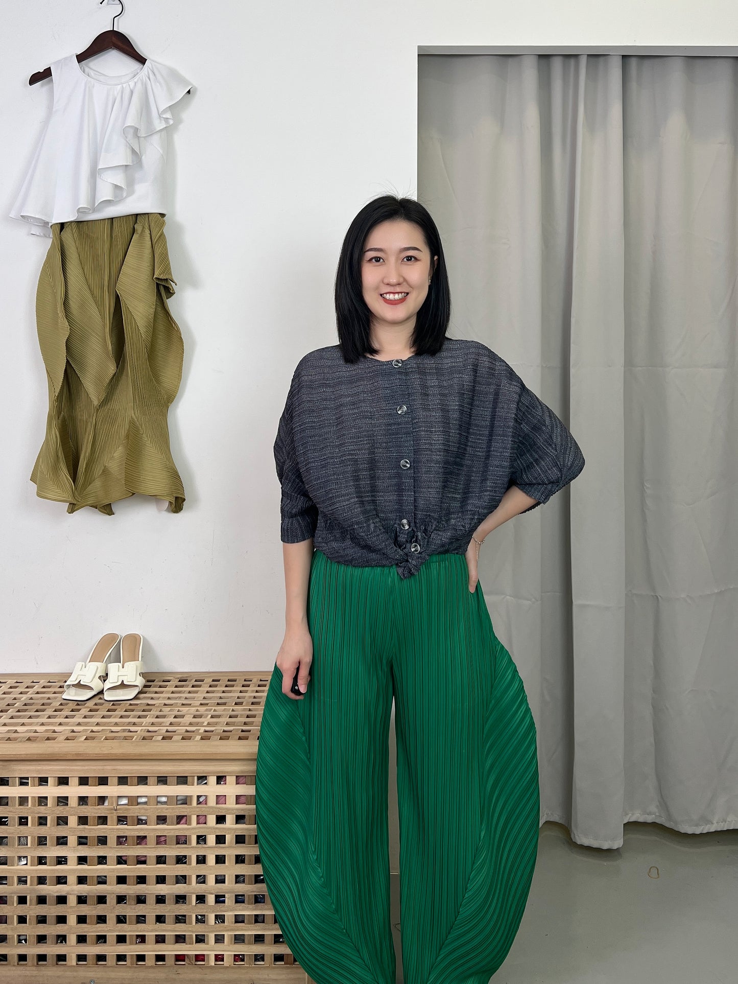 Pleated Double Design Button Blouse