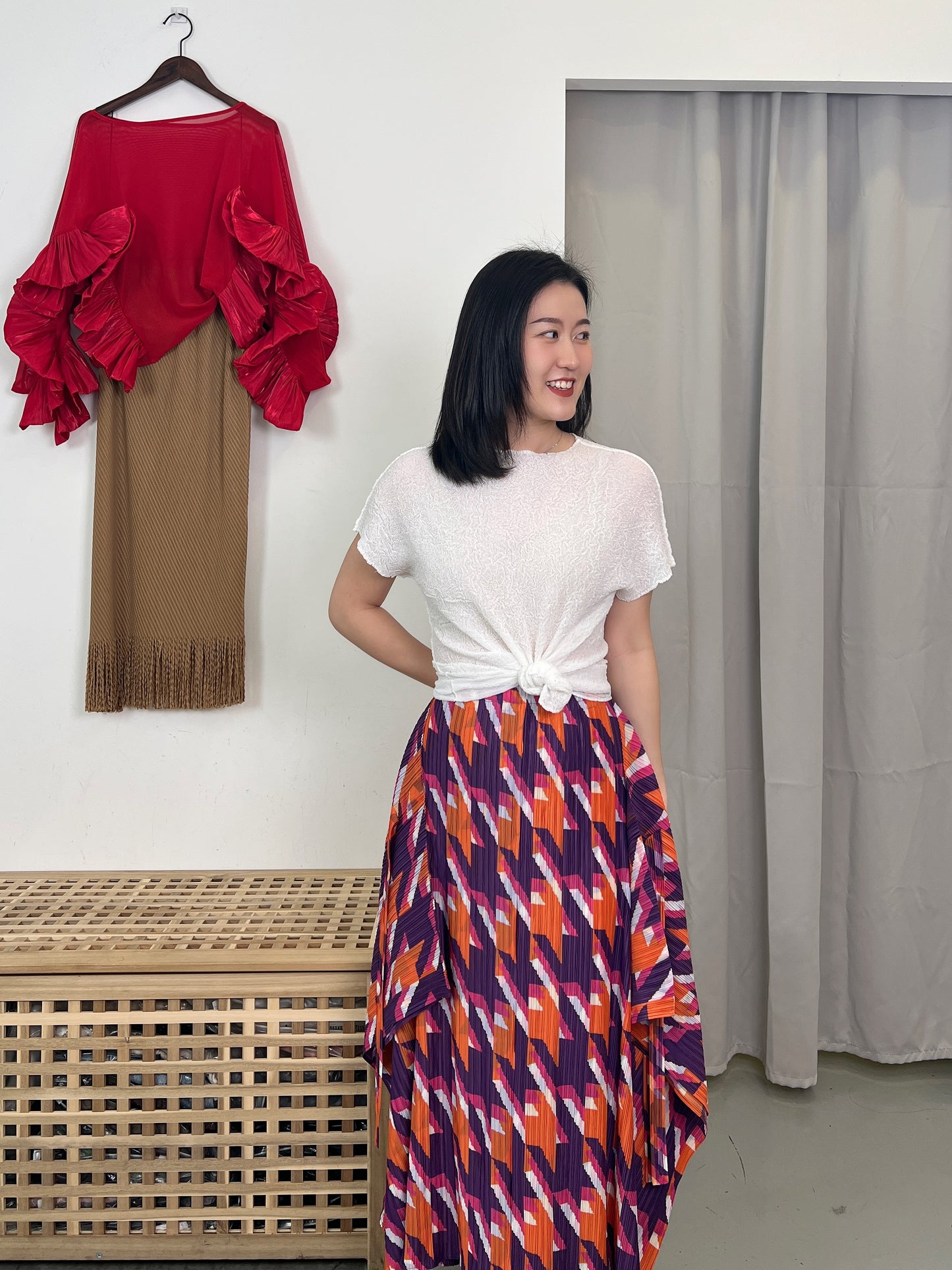 Pleated Houndstooth Skirt