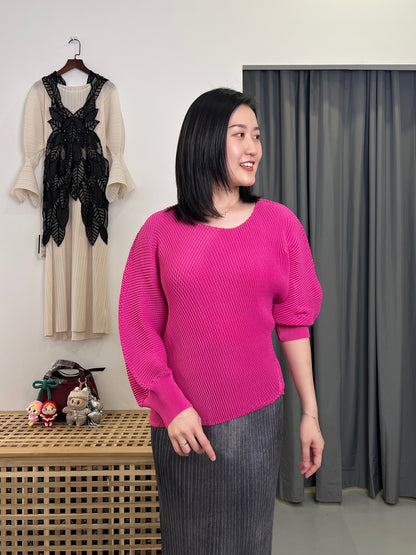 Pleated Uneven Long Sleeve Top