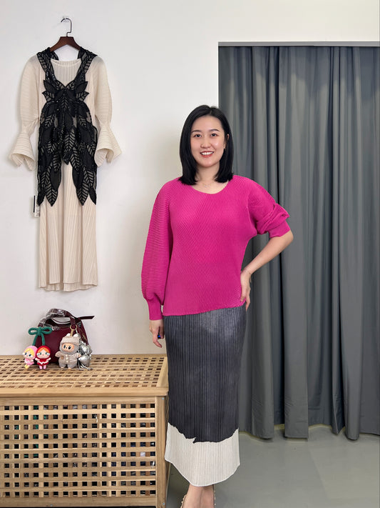 Pleated Uneven Long Sleeve Top
