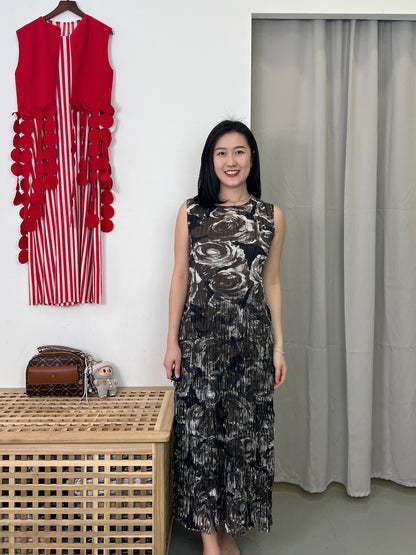 Pleated Roses Fringe Dress