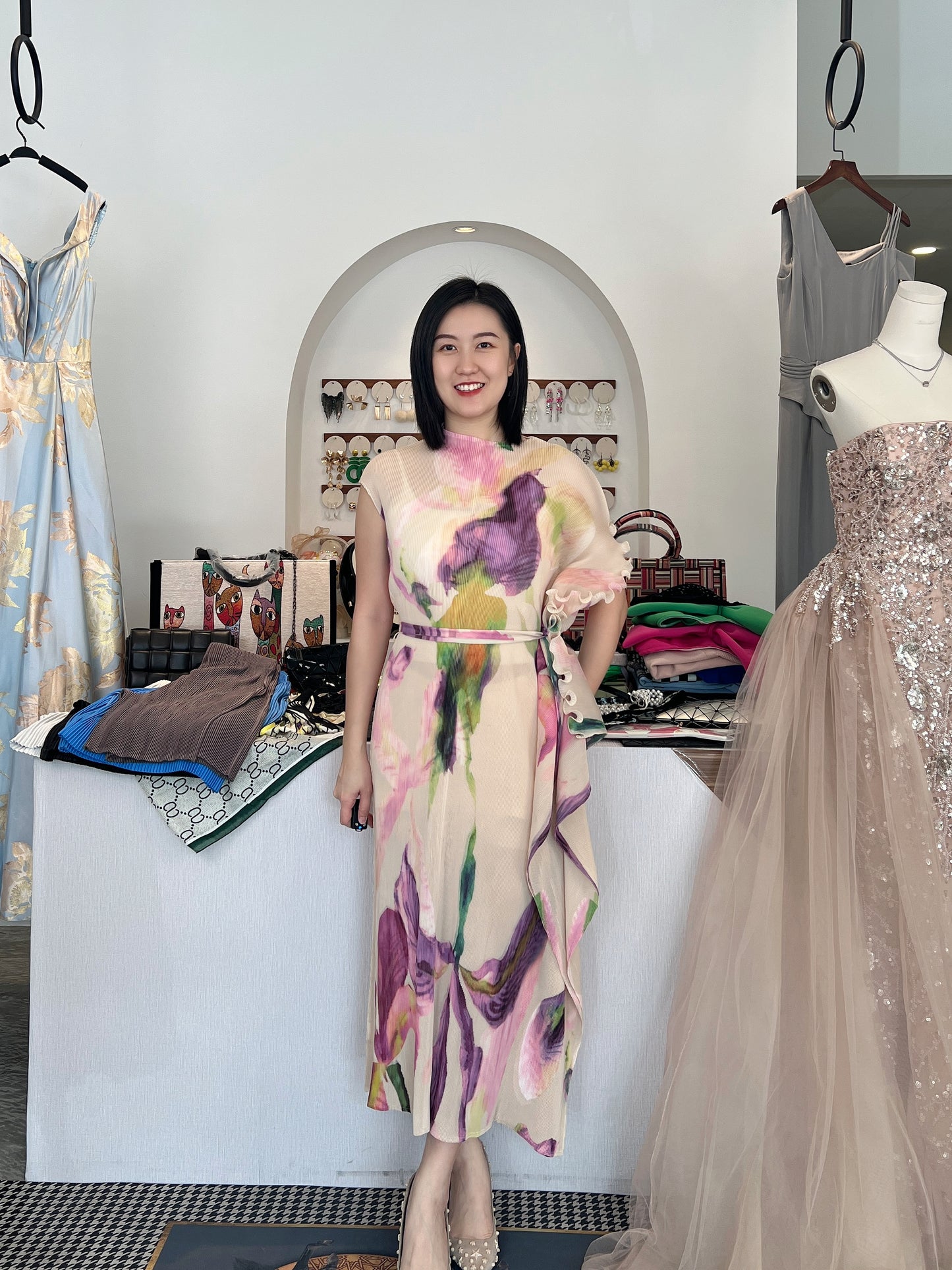 Pleated Floral Painting Dress