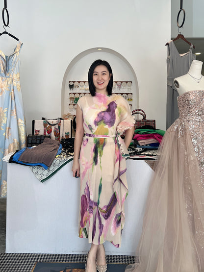 Pleated Floral Painting Dress
