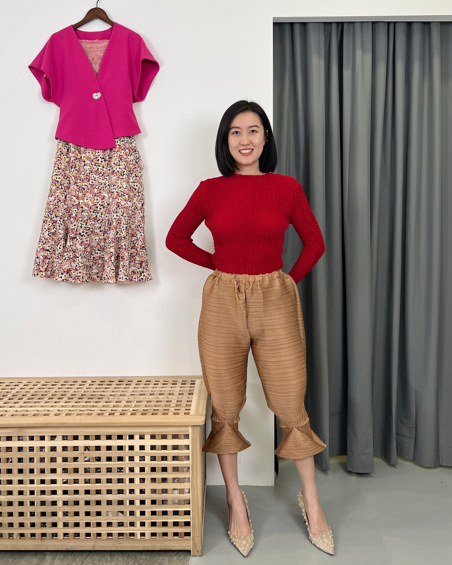 Pleated Slimming Long Sleeve Blouse