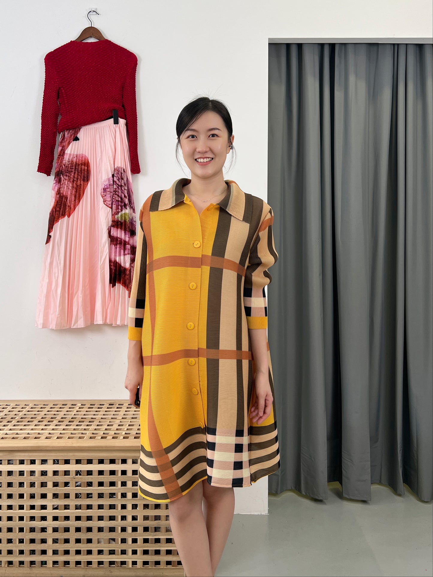 Pleated Checkered Straightcut Dress