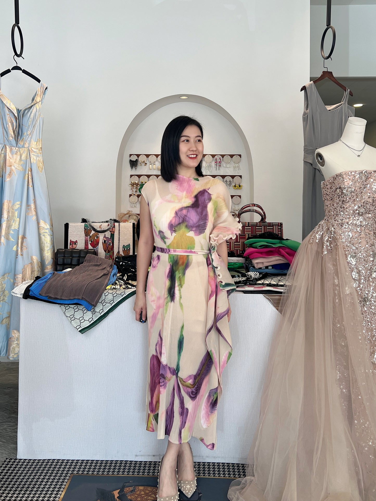 Pleated Floral Painting Dress