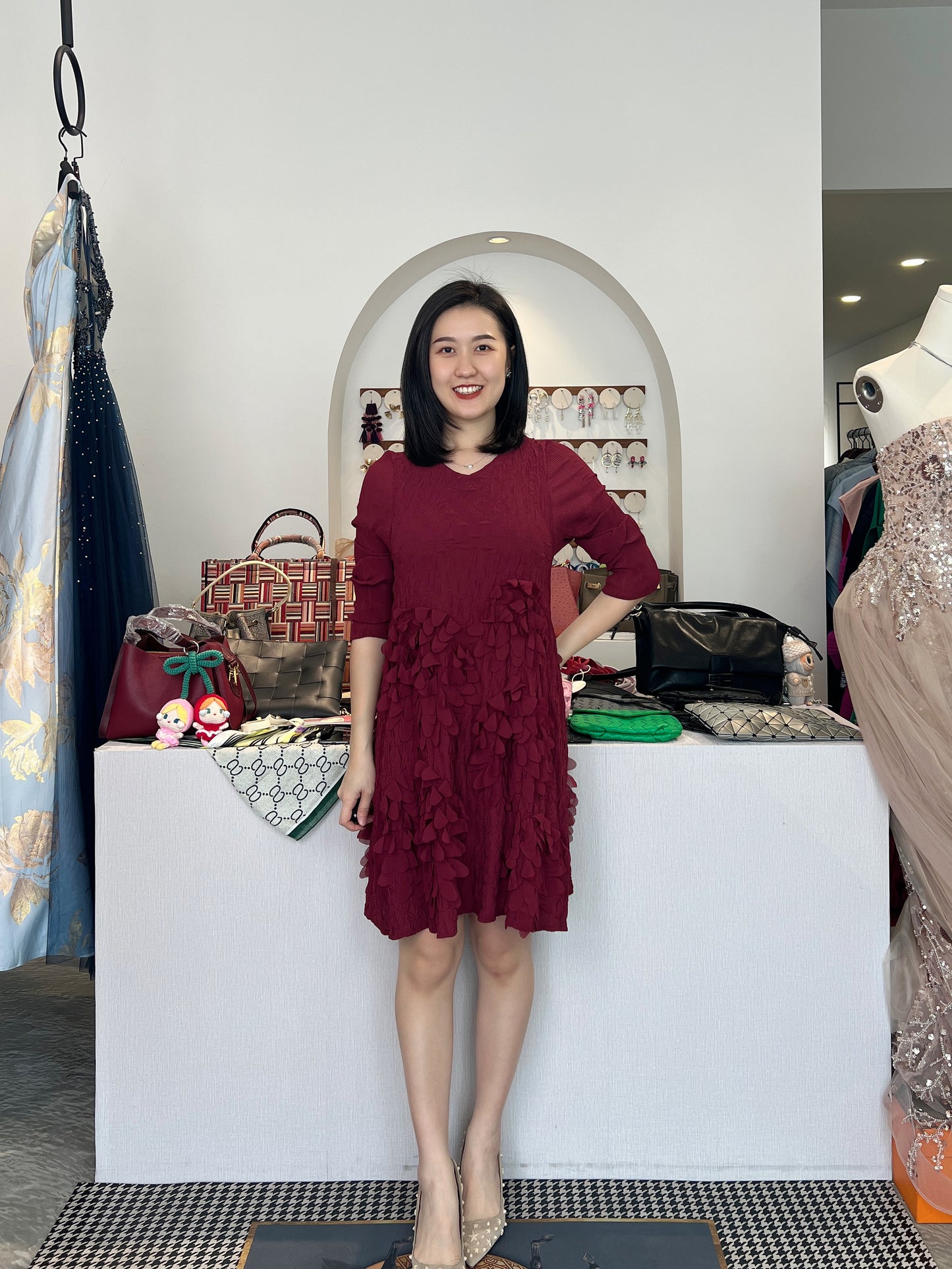 Pleated 3D Floral Dress