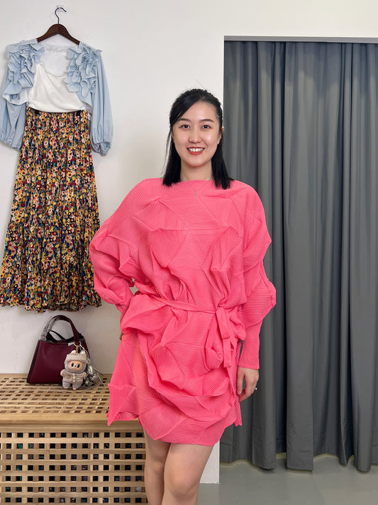 Pleated Diamond Dress with Belt