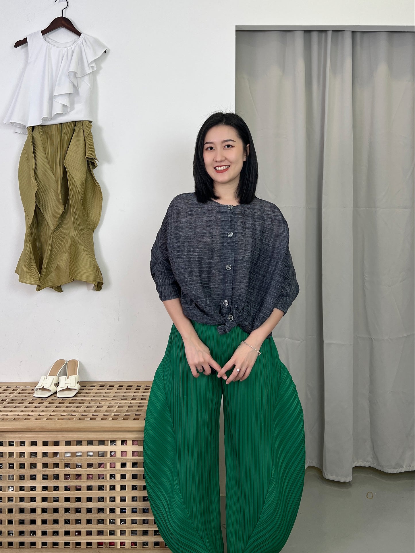 Pleated Double Design Button Blouse