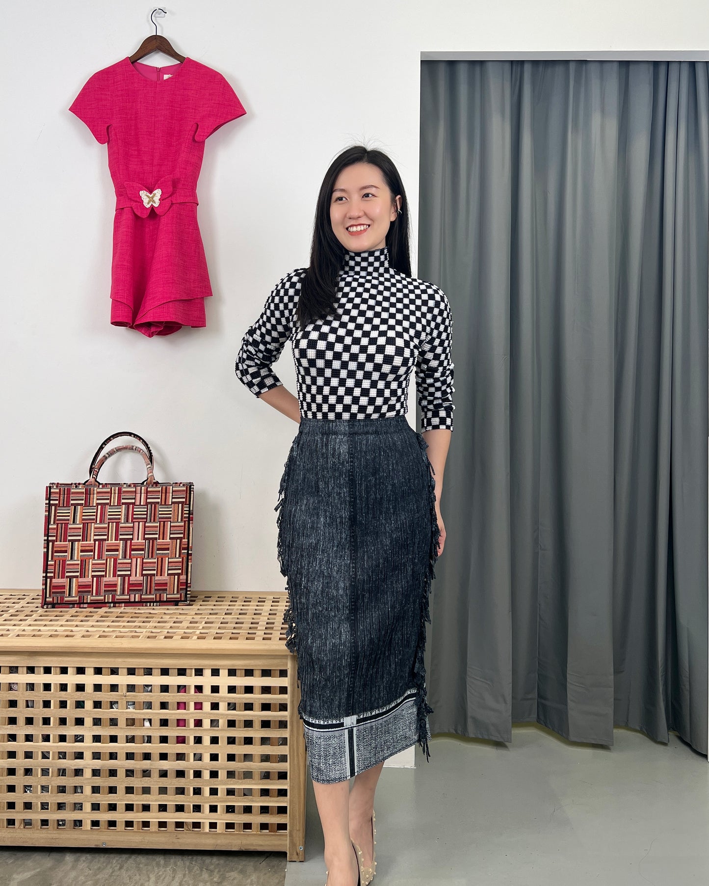 Pleated Checkered Blouse