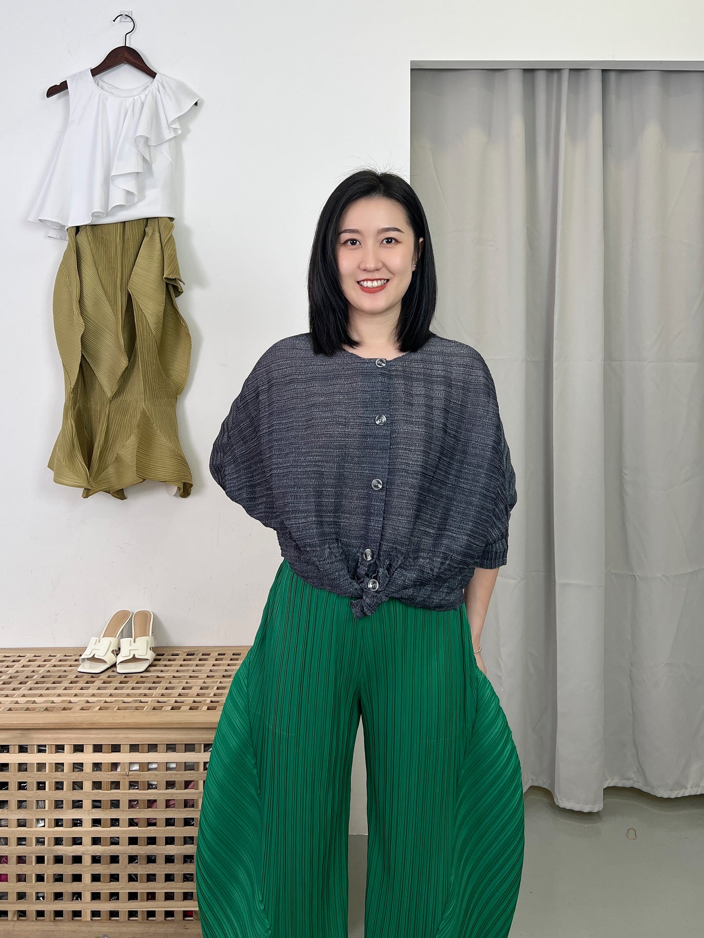 Pleated Double Design Button Blouse