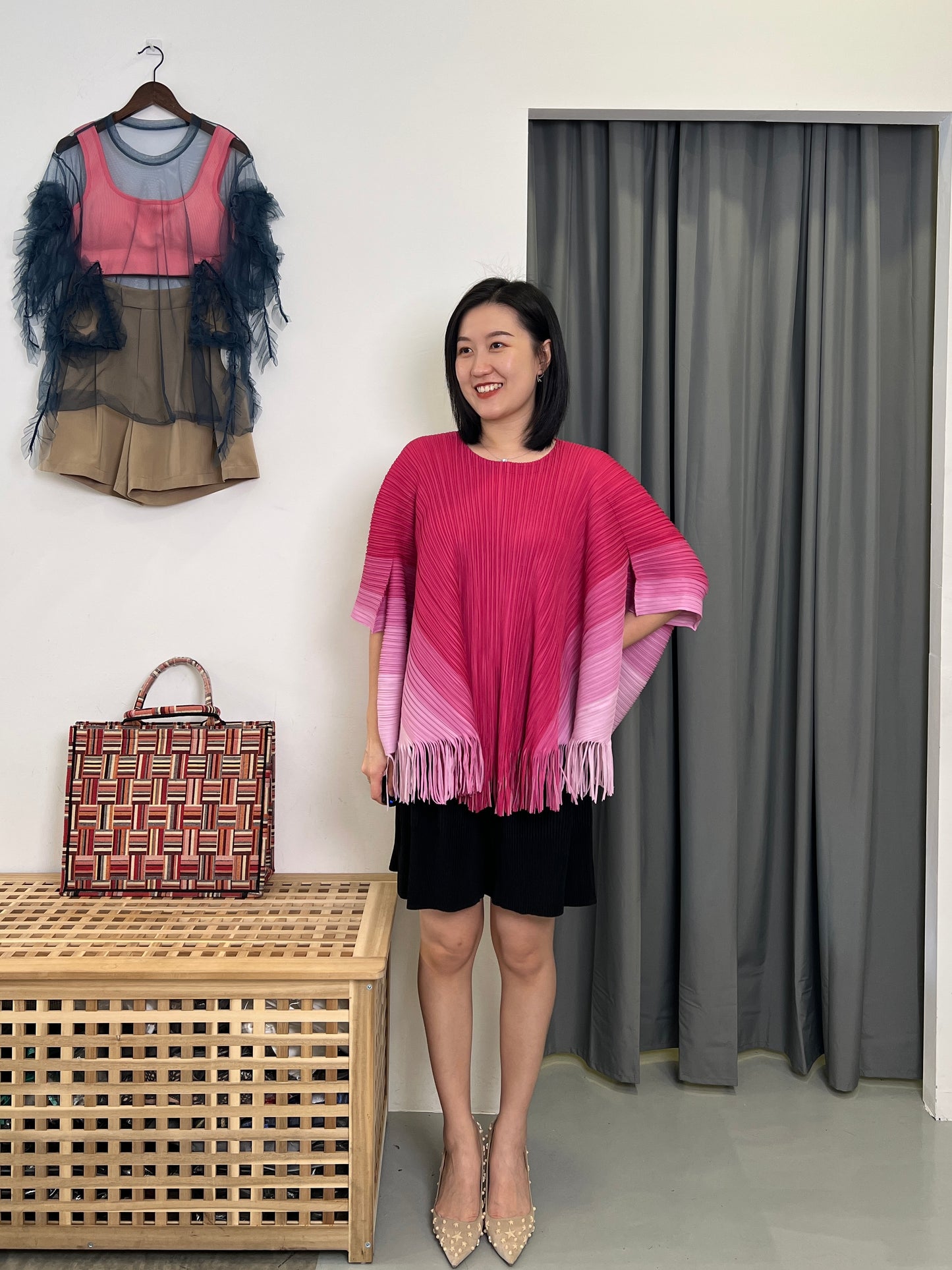 Pleated Fringey Cape Style Blouse