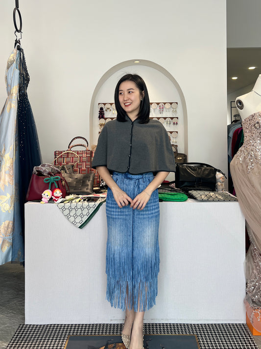 Pleated Double Fringes Jean Skirt