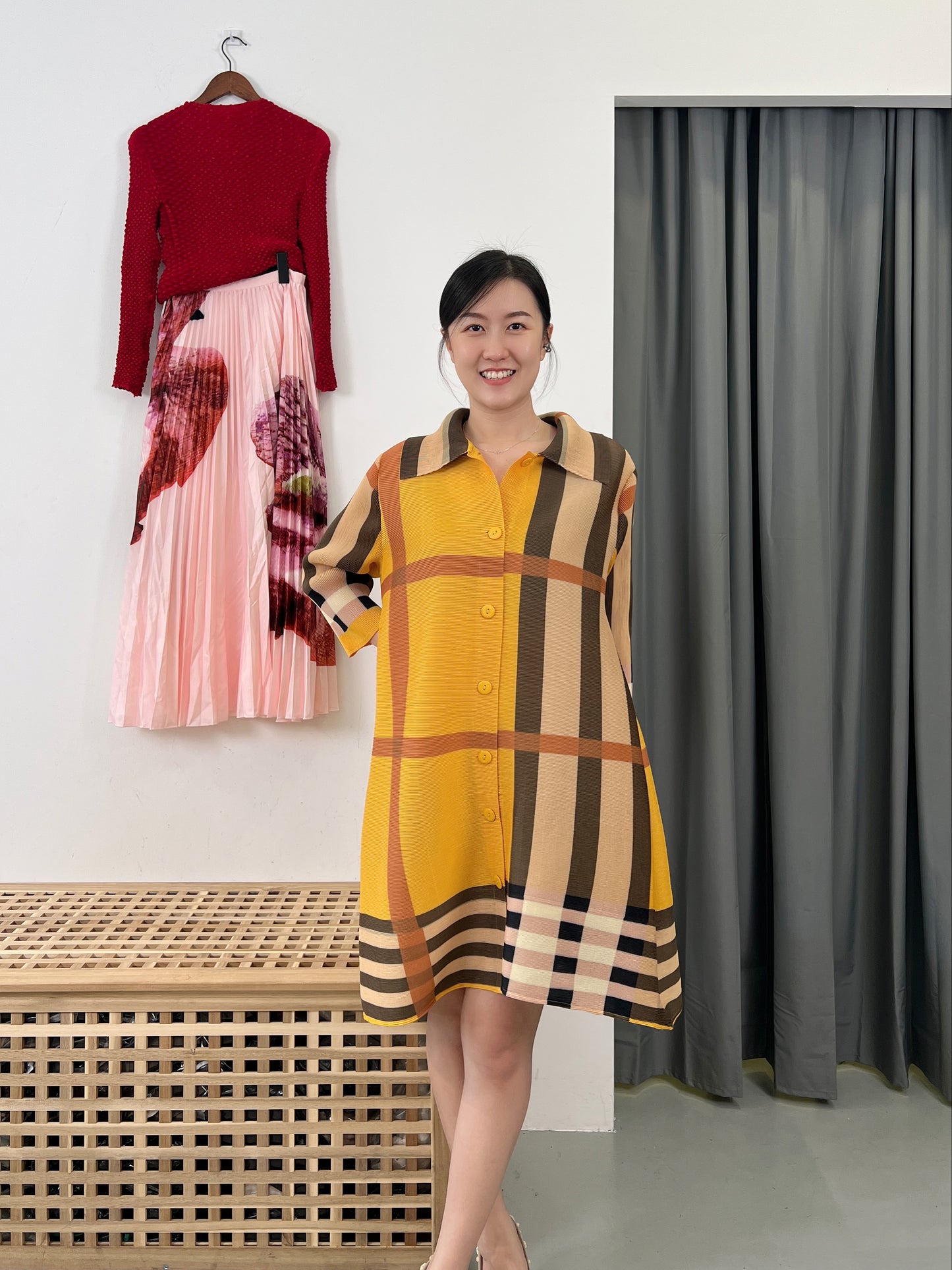 Pleated Checkered Straightcut Dress