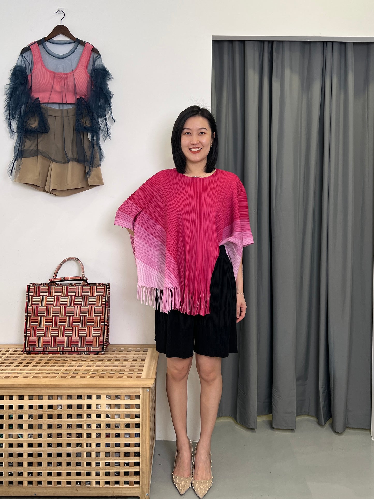 Pleated Fringey Cape Style Blouse
