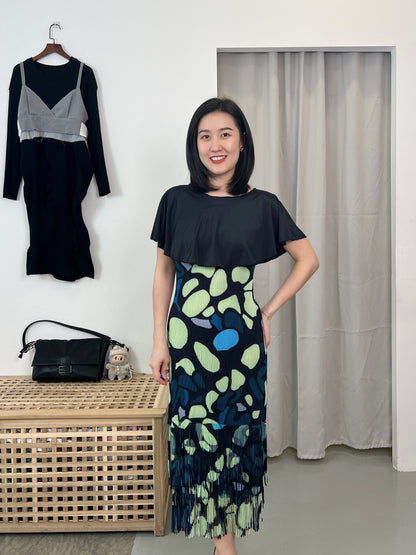 Pleated Art Print Fringes Dress