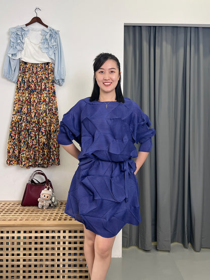 Pleated Diamond Dress with Belt