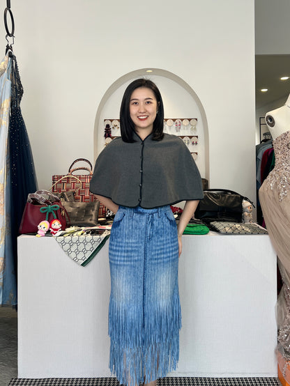 Pleated Double Fringes Jean Skirt