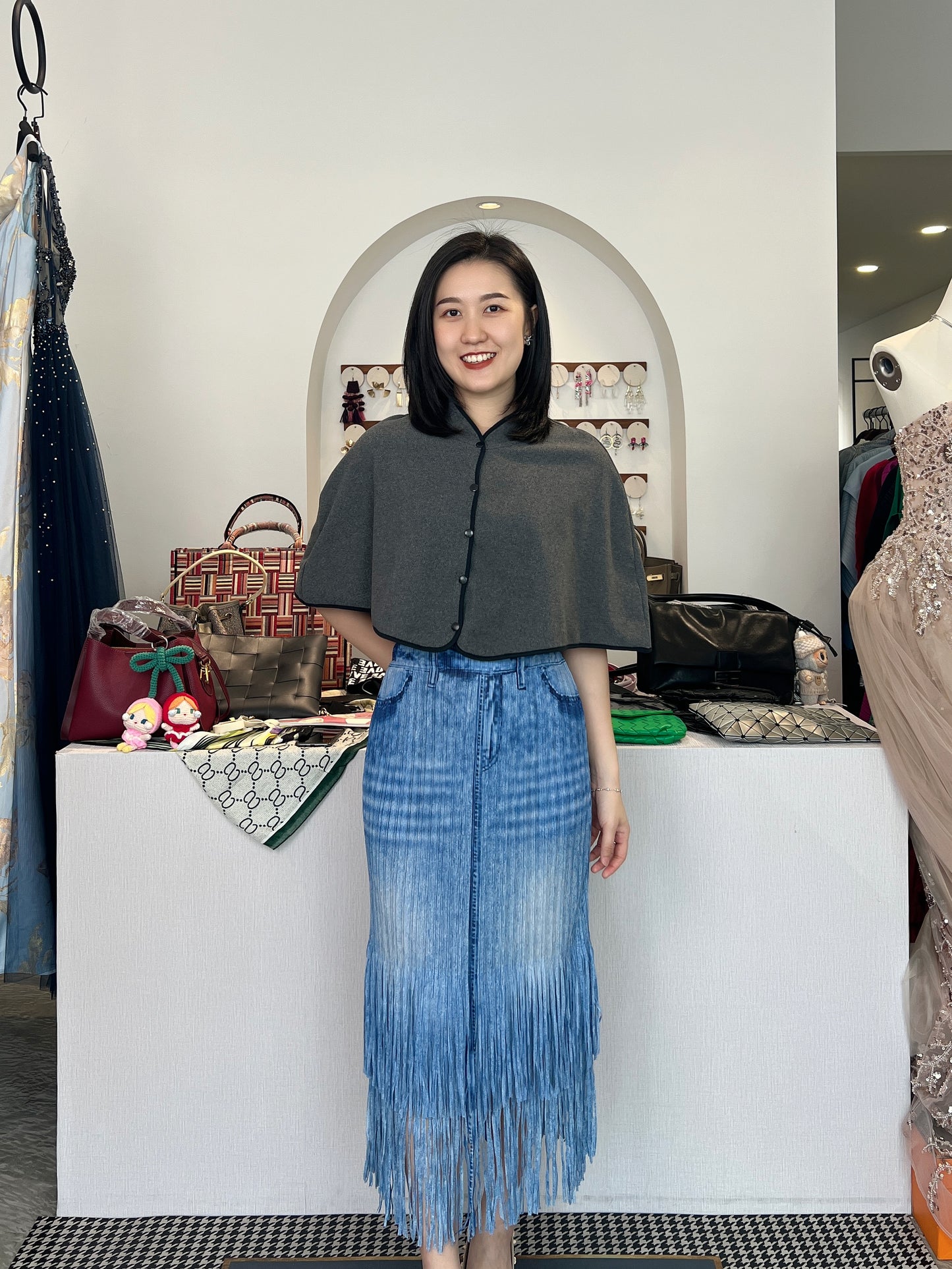 Pleated Double Fringes Jean Skirt