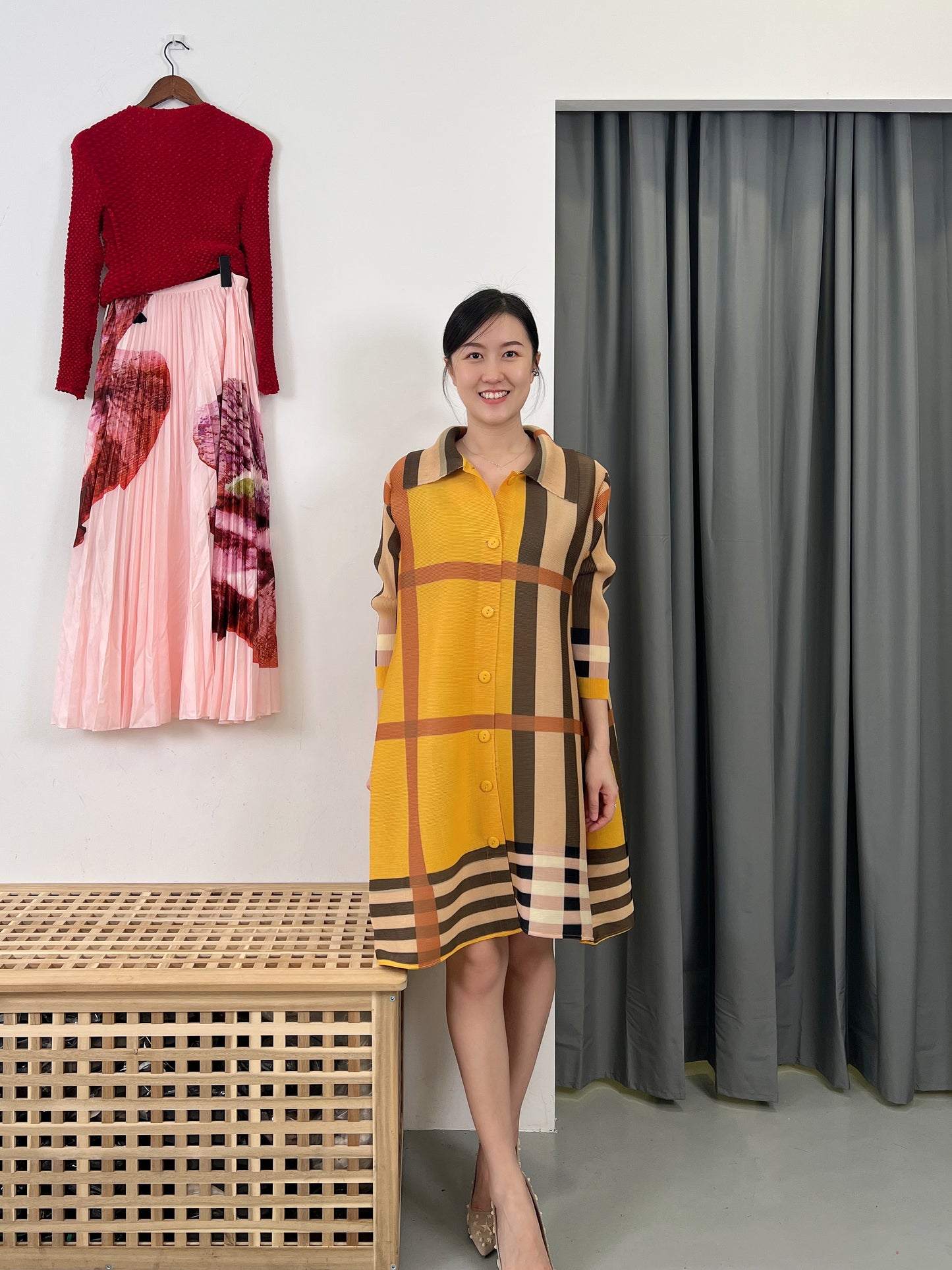 Pleated Checkered Straightcut Dress