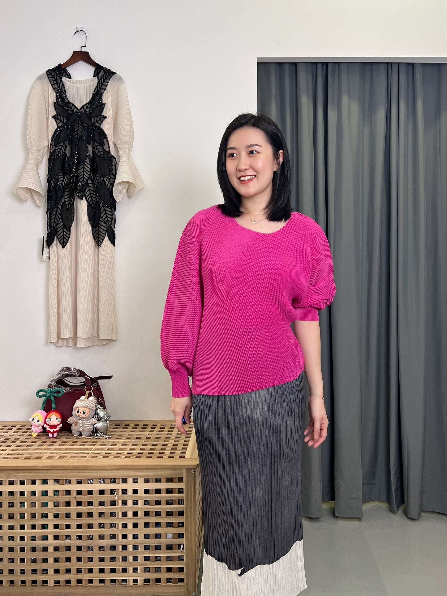 Pleated Uneven Long Sleeve Top