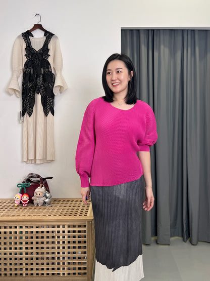 Pleated Uneven Long Sleeve Top